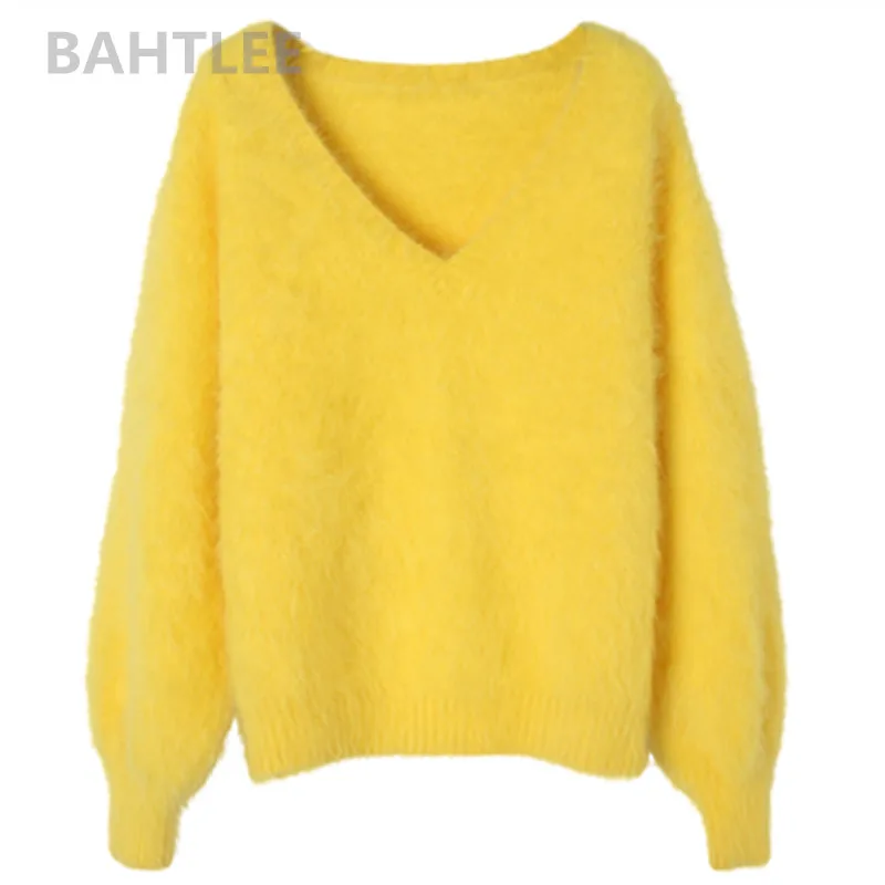 BAHTLEE-Women\'s Angora Rabbit Jumper Sweater, V-Neck, Lantern Sleeve, Wool, Knitted Pullovers, Keep Warm, Thick, Loose, Winter