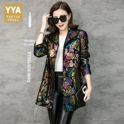 Free Shipping Multicolor Floral Print Genuine Leather Trench Coat Real Lambskin Leather Coats Fashion Long Outerwear