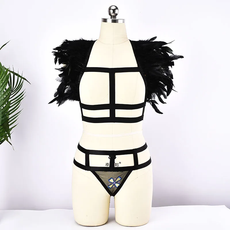 

Black Goth Body Harness Belt 90s Punk Feather Halloween Harness Bra And Transparent Mesh G-string Panties Briefs Harness Set