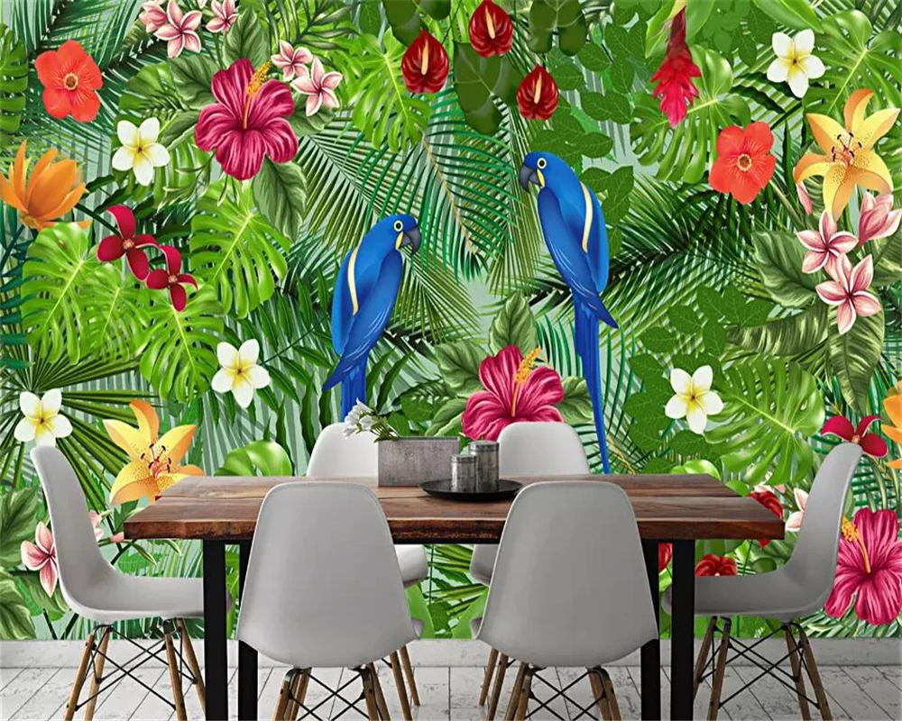 

Beibehang Hand painted parrot tropical rainforest wallpaper tropical plant TV background wall living room bedroom 3d wallpaper