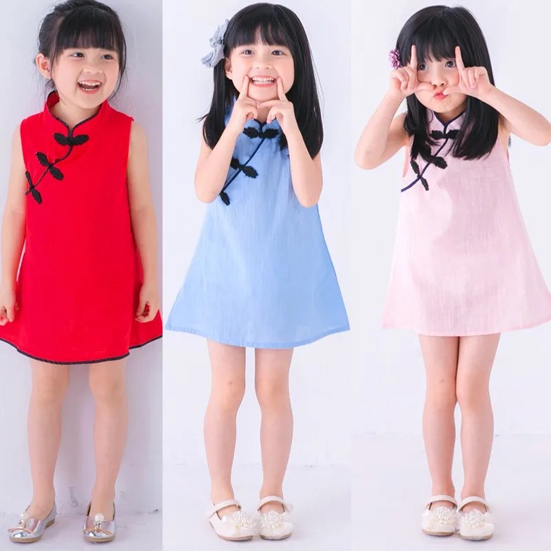 Spring Baby Girls Dress Fashion Cheongsam Tang Suit Summer Cotton Children Sleeveless Princess Dress For Girls