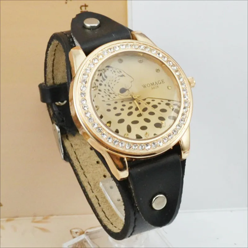 Fashion Brand Womage Watch Women Watches Fashion Vintage Leopard Watches Women Leather Women\'s Watches Rhinestone Reloj Mujer