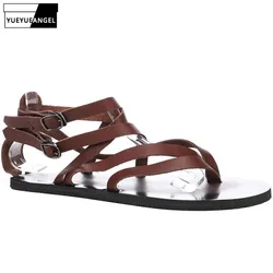 Italian Leather Gladiator Sandals Men Summer Buckle Strap Shoes Fashion Retro Beach Sandalias Hombre Casual Flat Flip Flops