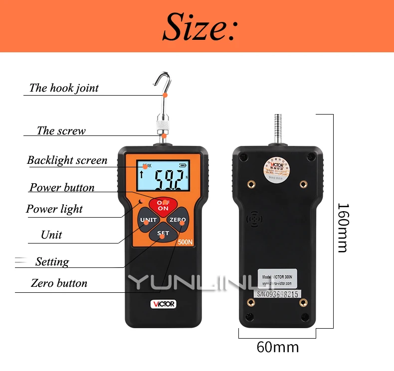 Thrust Gauge Portable Digital Display Force Gauge High Precision Electronic Tension Meter Digital Dynamometer Instrument VC500N