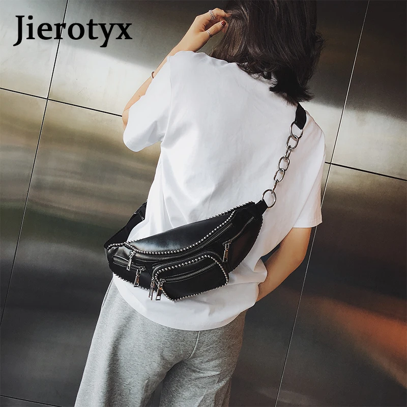 JIEROTYX Leather Waist Bag Women Luxury Brand Waist Fanny Packs Belt Bag Chest Handbag Black Color Sexy Rivets Punk Gothic