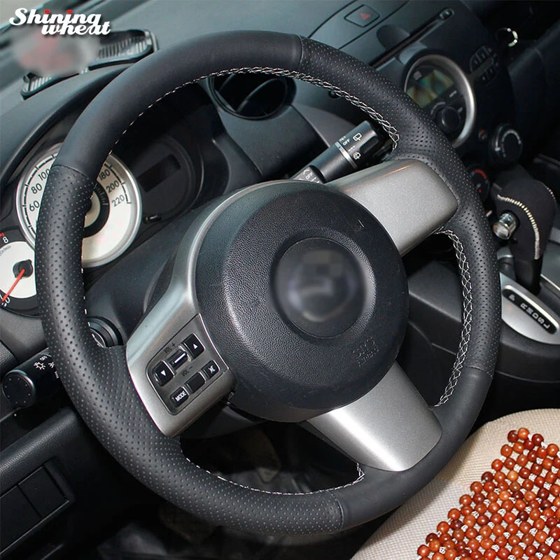 Shining wheat Hand-stitched Black Leather Car Steering Wheel Cover for Mazda 2 2008-2014