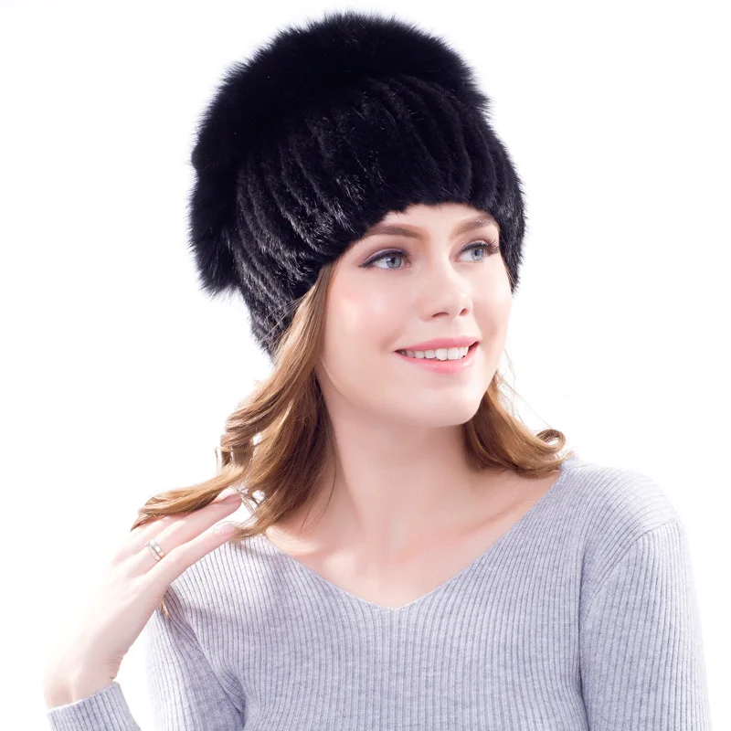 

Handmade Winter Women's Genuine Real Mink Fur Beanies Hats with Fox Fur Top Lady Warm Caps VF5048