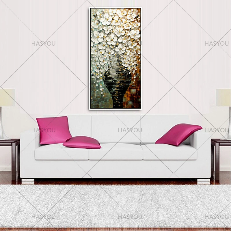 

Modern Abstract Oil Painting White Flowers Palette Knife Handpainted Canvas Painting Home Decor For Living Room Wall Artwork