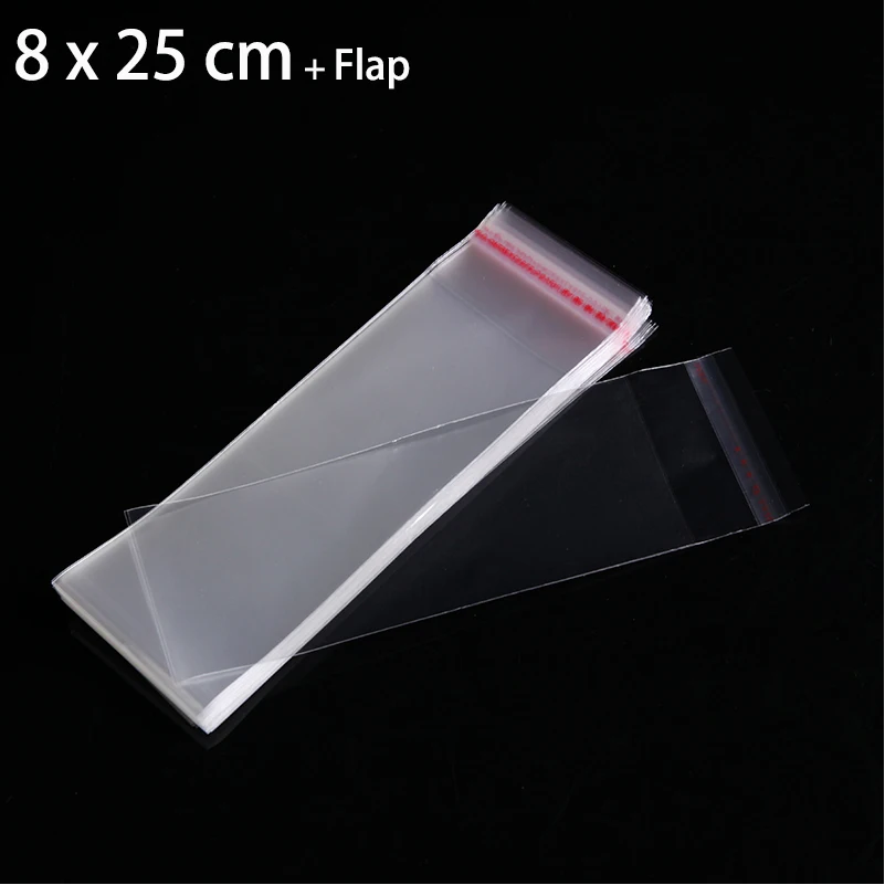 100pcs 8 x 25cm Clear Cello Cellophane Bag Self Adhesive Seal Transparent Resealable Poy Plastic Jewelry Packaging Bags