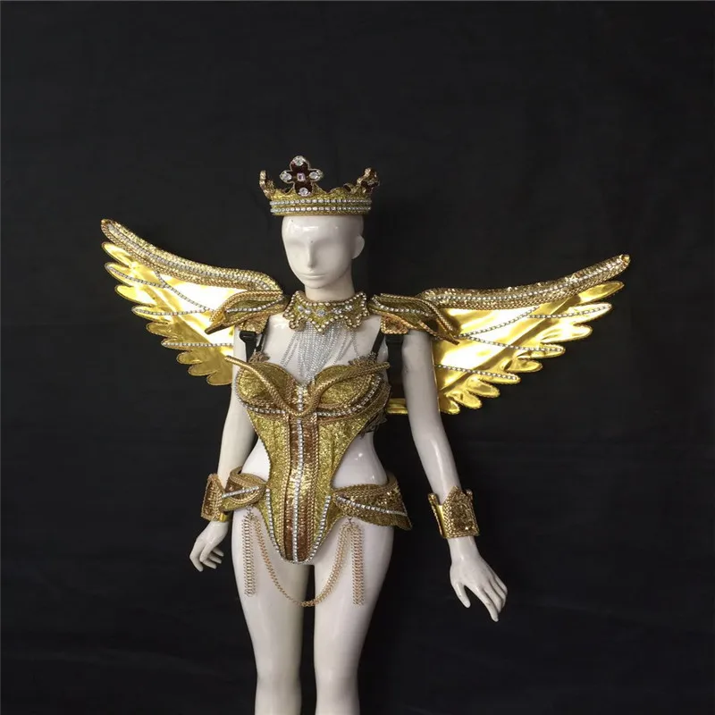 KS16 Party ballroom dance stage costumes gold mirror female bodysuit perform wings backplane dj show catwalk outfits clothes bar