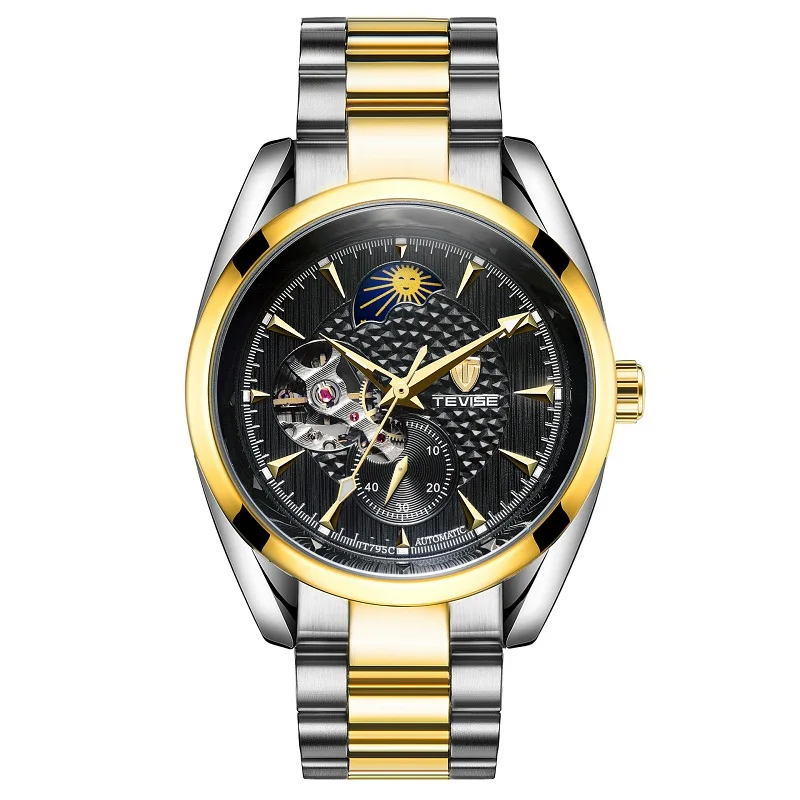 TEVISE Watch Men Moon Phase Mechanical Watches Luminous Automatic Watch Waterproof Steel Fashion Business Wristwatches Male