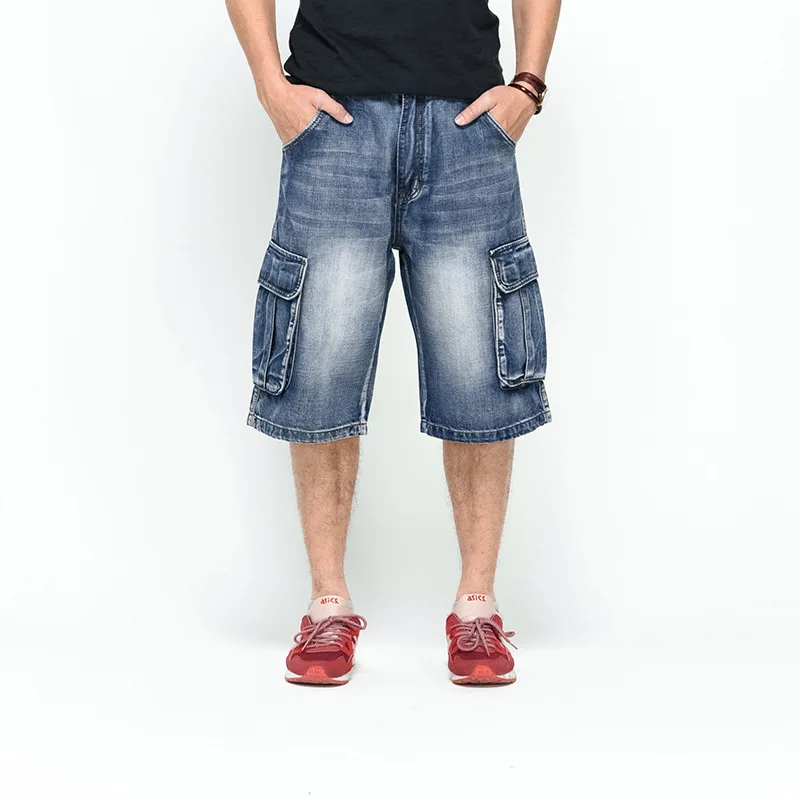 Summer Cargo Jeans Shorts Men Denim Shorts Pockets Straight Loose Board Street Hip Hop Harem Skateboard Trousers 30-46 YH