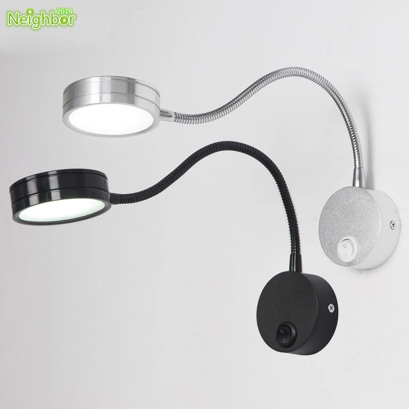 

LED Wall Lamps With Knob Switch 5W AC90-260V Silver Black Bedroom Bedside Reading Light Direction Adjustable Indoor Lighting