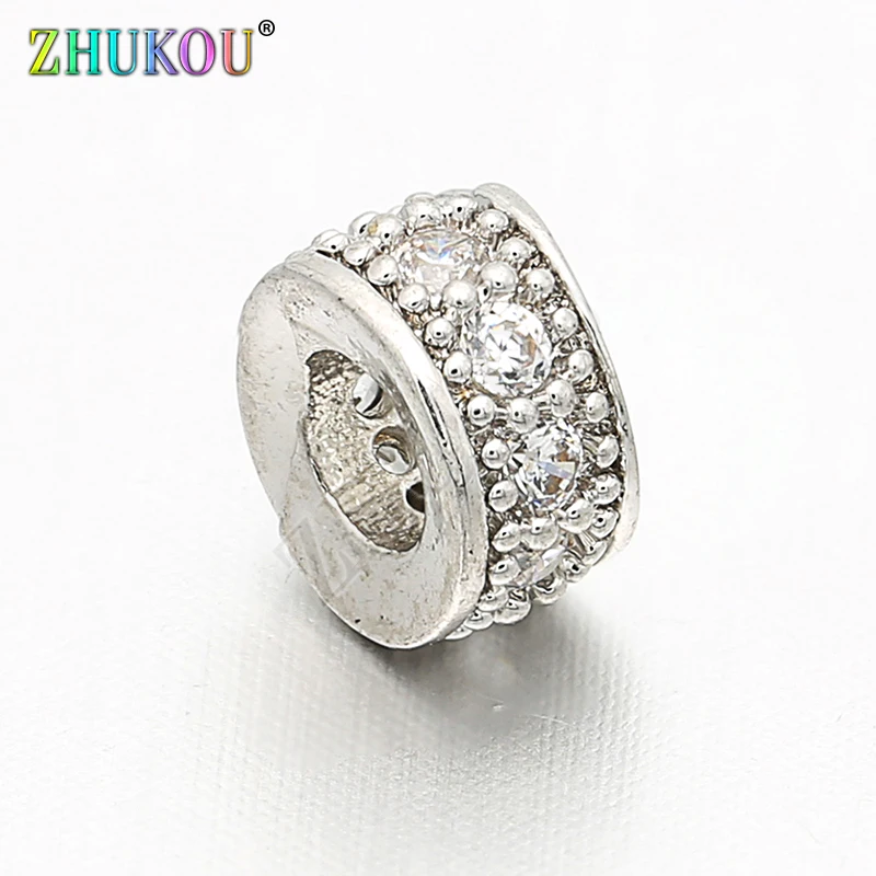 6mm Inlay Clear CZ Rhinestone Round Hollow Spacer Beads DIY Jewelry Bracelet Necklace Making, Hole: 2.9mm, Model: VZ100