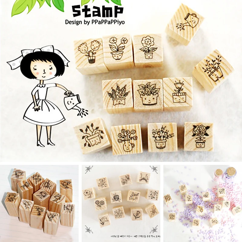 12 pcs/set DIY Cute Sweet Flower Wooden Stamps for Decor Diary Scrapbooking Korean Stationery School Supplies Free shipping