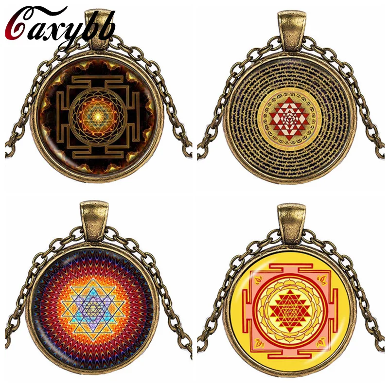 Caxybb Hot Buddhist Sri Yantra Jewelery Pendant Sacred Geometry Necklace  glass Jewelry Mandala Buddhist Necklace Women Jewelry