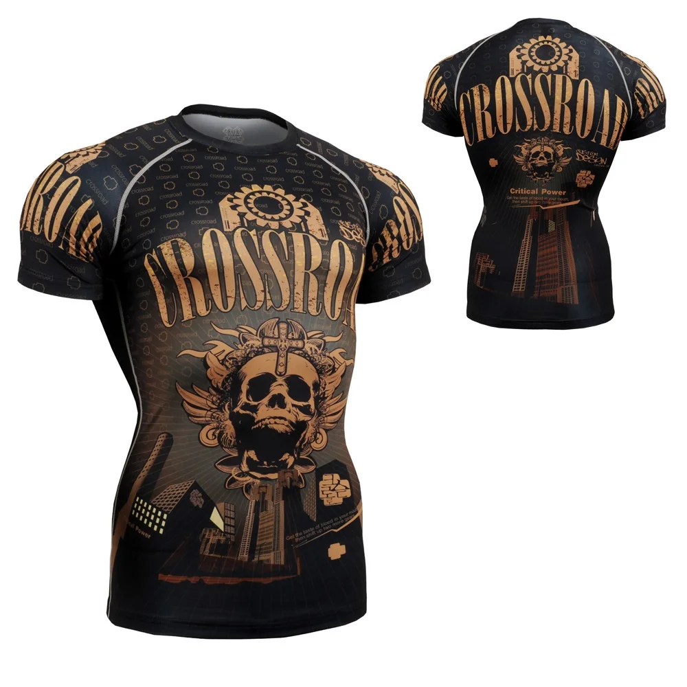 Men`s CROSSROAD SKULL Short Sleeve Compression Base Layer Shirt Quick Dry 4-Way Stretch Fitness Bodybuilding Tops Tees