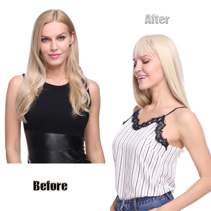 Benehair – postiche synthétique longue et lisse avec frange pour femme, postiche toupet à Clip, faux cheveux avec frange