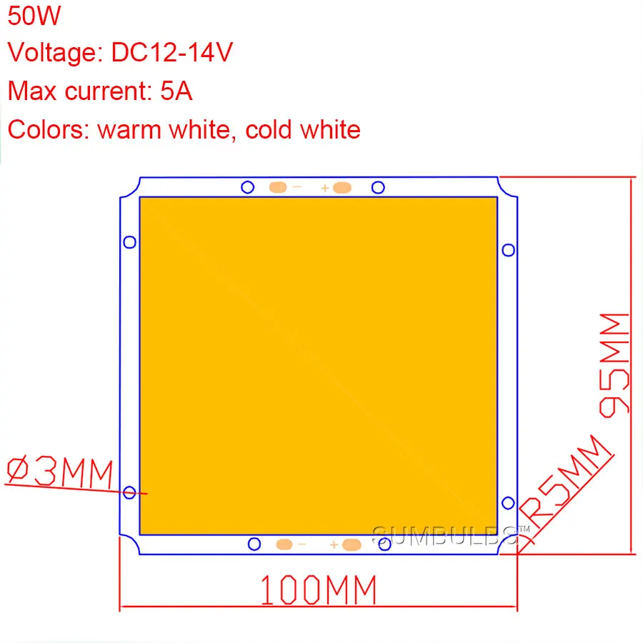 Sumbulbs 100x95MM Square Ultra Bright 50W COB LED Light Lamp 5000LM Warm Cold White DC LED 12V Chip On Board Matrix Bulb for DIY