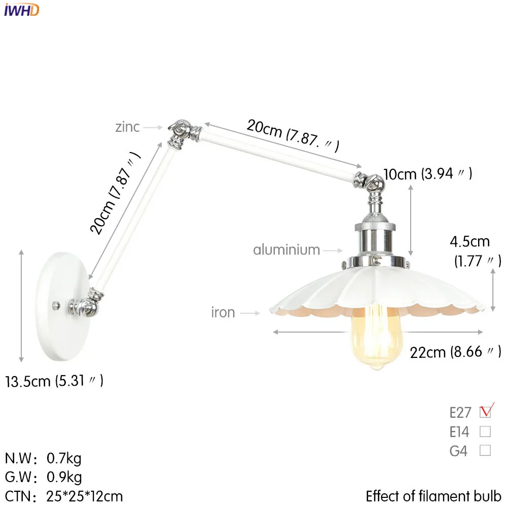 IWHD White Adjustable Swing long Arm Wall Light Fixtures Bedroom Living Room Retro Vintage Wall Lamp Loft Industrial Style