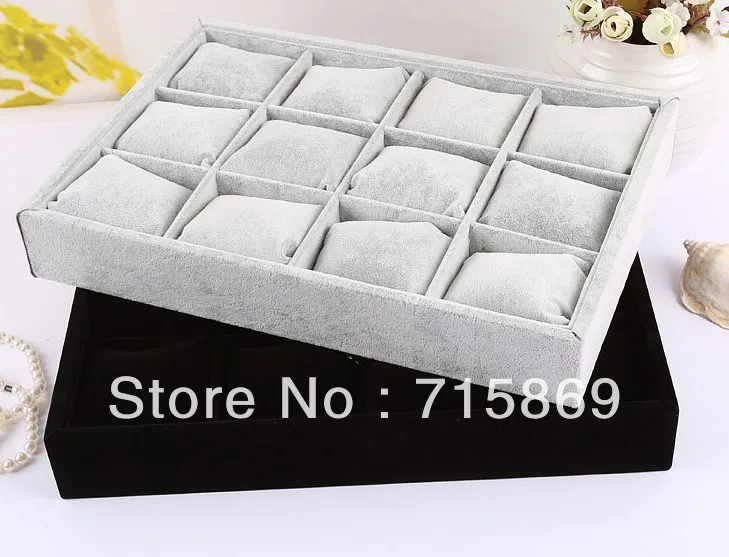 Free Shipping 2pcs 12 Velvet Bracelet Jewelry  Display Pillows Bangle/ Watch Small Storage Tray Gray and Black Color