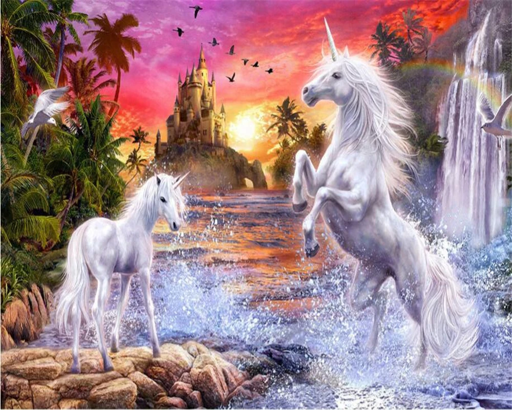 

Beibehang Custom wallpaper red sky castle stream waterfall rainbow white horse children room background wall mural 3d wallpaper