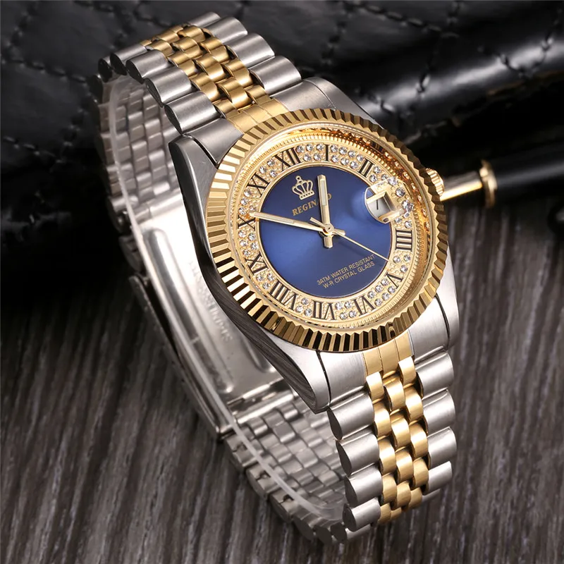 Original New REGINALD Quartz Watch Men Gold Fluted Bezel Pearl Diamond Dial Full Stainless Steel Luminous Clock