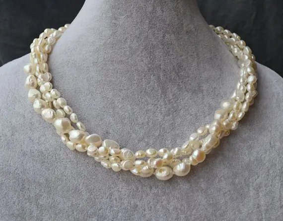 Perfect Women's Pearl Necklace,4 Rows White Color 100% Real Freshwater Pearl Necklace,6-11mm 18 inches Pearl Jewelry.