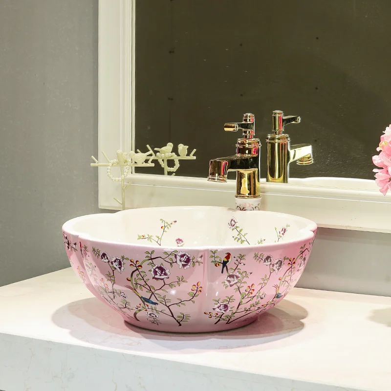 Imagem -03 - Flor e Pássaro Cor-de-rosa Lavabo Banheiro Cerâmica Bancada Lavatório Lavatório Lavabo Porcelana Vessel Sink Lavatório Pia