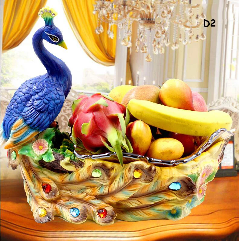 European Luxury Resin Peacock Glass Fruit Plate Ornament Crafts Decoration Office Home Furnishing Desktop Figurine Wedding Gift