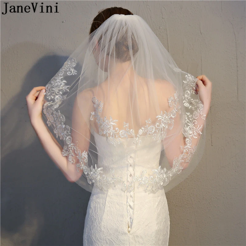 

Короткий вуаль JaneVini цвета слоновой кости для невесты, двухслойная кружевная Apliques Edge, длина до колена, с расческой, аксессуары для свадьбы