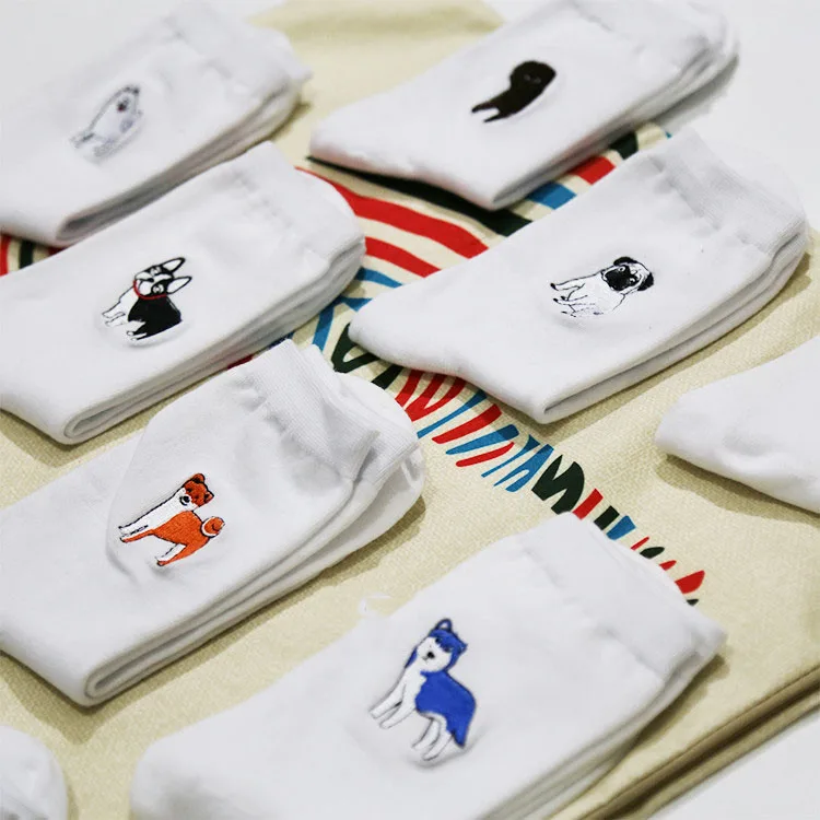 cute animal husky embroidery women cotton white socks lovely dog Jacquard female pure color socks funny kawaii pug meias soks