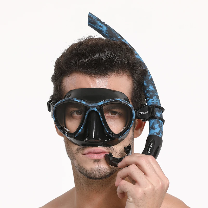 Cressi Diving Mask Snorkel Set Freediving Apnea Snorkeling Scuba Camouflage Flexible Breathing Tube for Adults | HUNTER