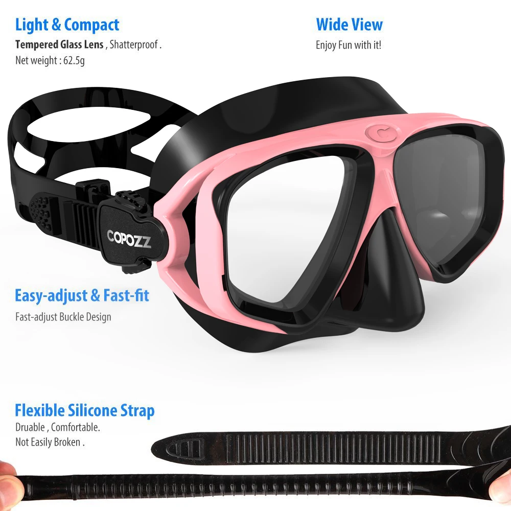 COPOZZ 2023 Scuba Diving Mask Set Anti Fog Goggles with Snorkel Glasses Tube Adjustable Strap for Women Men Adult Swimming Mask