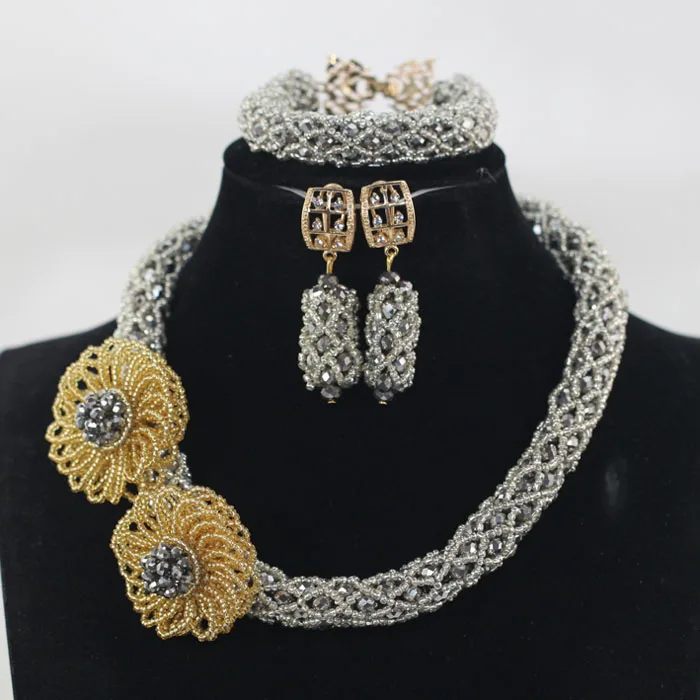 

Choker Necklace Set Fashion Mix Gold and Silver Crystal African Beads Jewelry Set Women Costume Party JewelryFree ShippingABH526