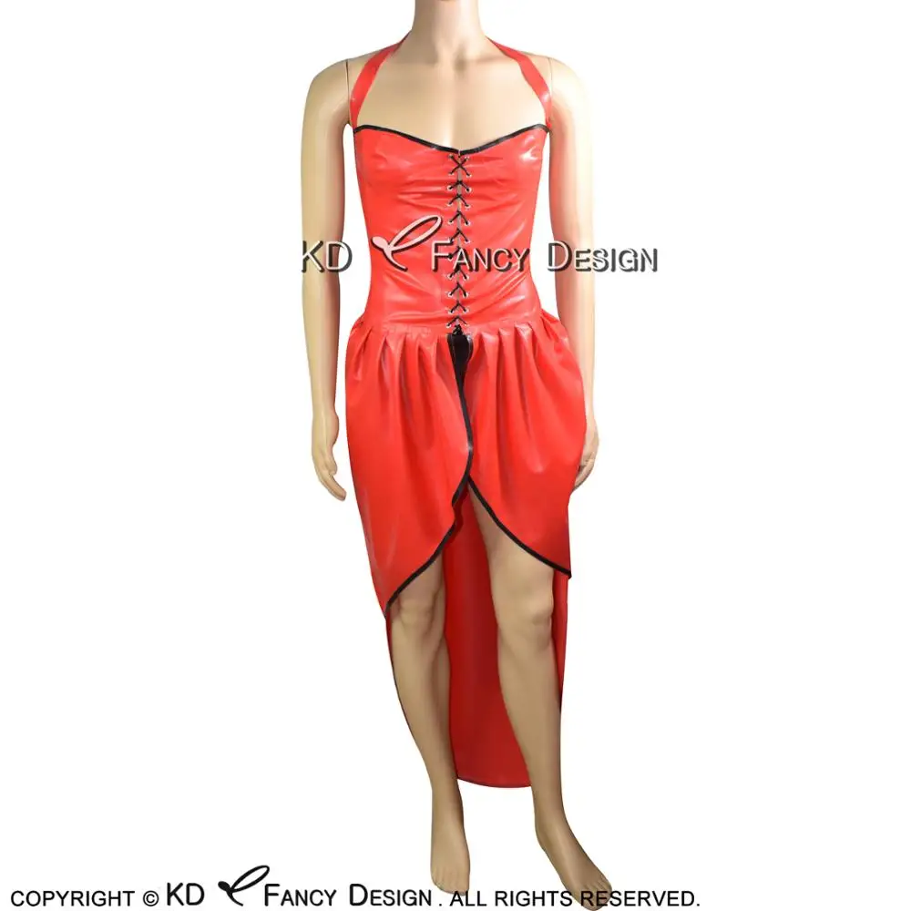 Red And Black Trims Sexy Latex Dresses Open At Bottom Lacing Front Rubber Gown Bodycon LYQ-0019