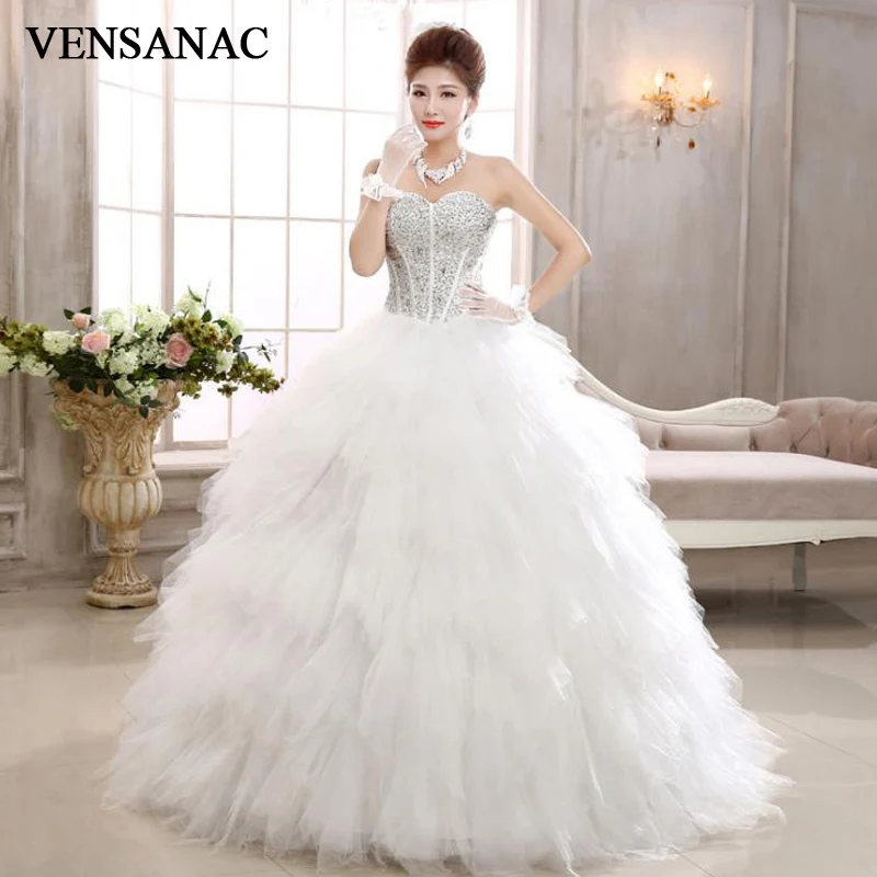 

VENSANAC Luxury Crystal Strapless Feathers Ball Gown Wedding Dresses Plus Size Off The Shoulder Bridal Gowns