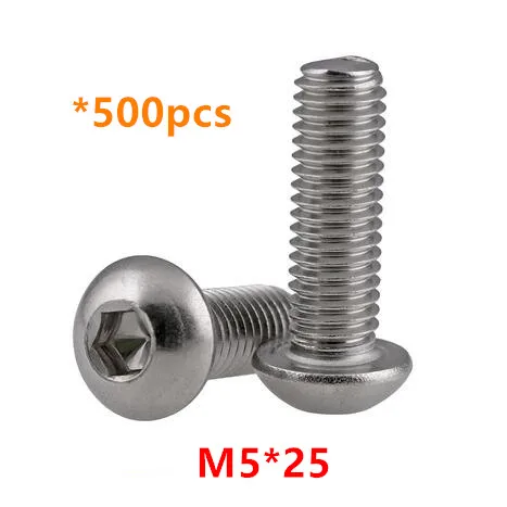 

500pcs M5*25 Hex Socket Button Head Screws A2-70 Stainless steel Round head Mushroom Bolts ISO7380