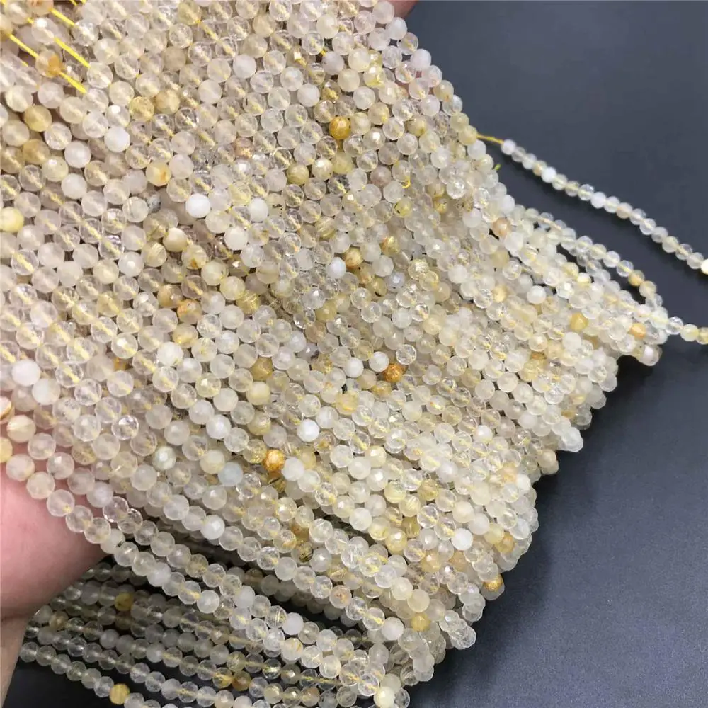 Natural faceted Gold Color Rutilated Quartz crystal Small Section Loose Beads 2 3 4mm Quartz Micro gem stone beads wholesale