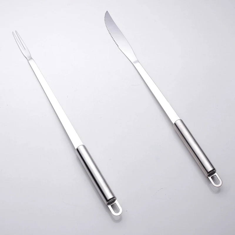 Stainless Steel BBQ Fork and Knife, Round Head Cookware Set, Camping, Lengthen BBQ Tableware, Grill Roast Lamp Forks, BBQ Tools