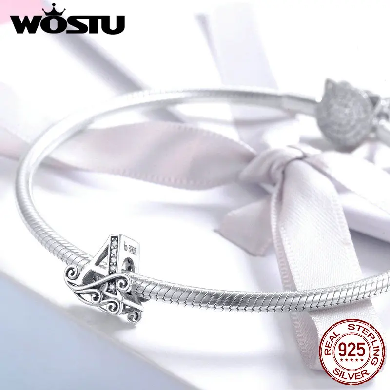 WOSTU Genuine 925 Sterling Silver DIY Letters A-Z Beads Charms Fit Original Bracelets Pendant Bangles For Women Fine Jewelry