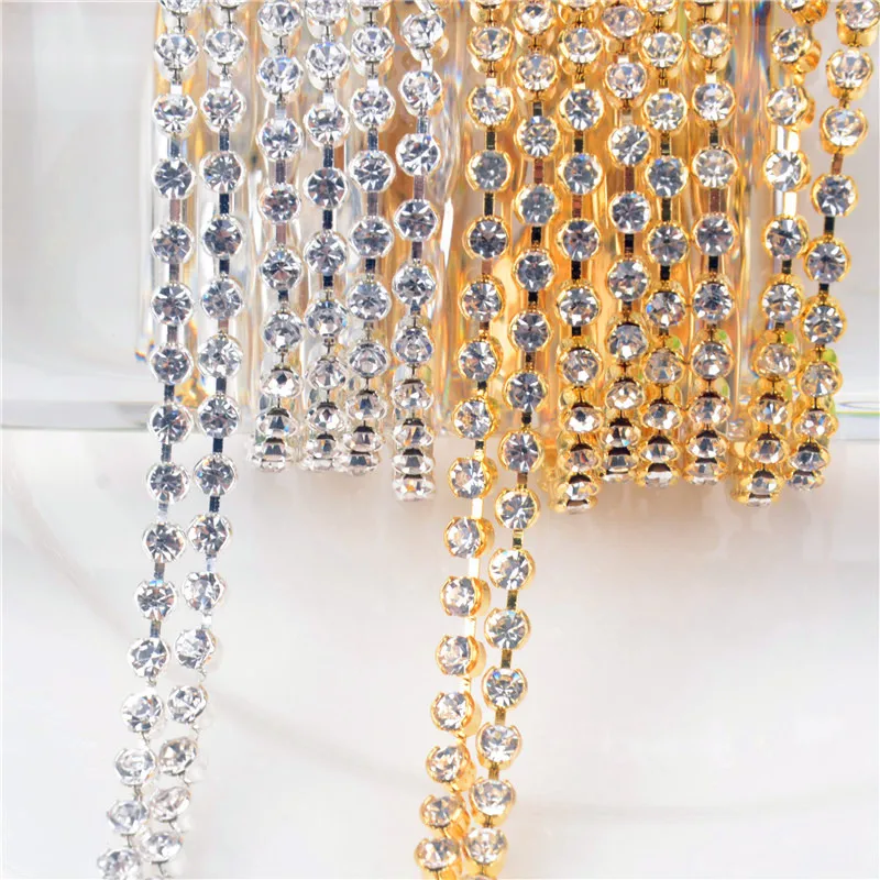 5Yard/Lot Round No Claw Rhinestone Chain Clear Crystal Ss12-Ss28 Diamond Silver Gold Base Trimming Garment Sew On Diy Decoration