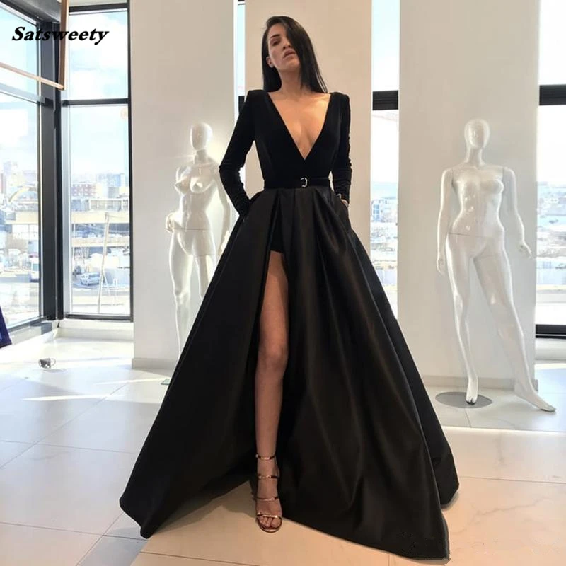 Vestido de dama de honor negro con escote en V, traje Sexy de manga larga con abertura lateral alta, largo hasta el suelo, vestidos de graduación formales de satén para desfile