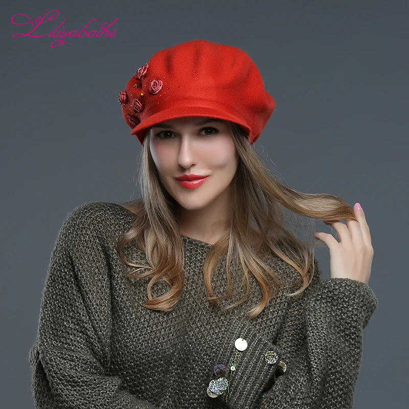 

LILIYABAIHE Women hat brim knitted wool angora cap Winter hat hand made Rose flower cap girl