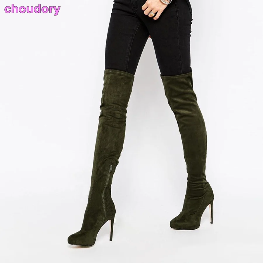 

Most popular women over-the-knee thigh high boots army green velvet zipper thin high heel shoes hot seller fashion footwear