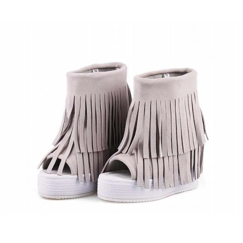 women's fashion open toe boots top quality cow suede fringe ankle boots casual height increasing tassel peep toe shoes booties