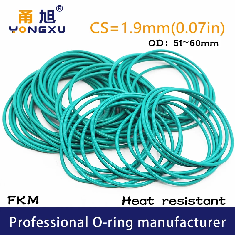 Green FKM Fluorine Rubber O-rings Seals CS1.9mm OD51/52/53/54/55/56/57/58/59/60*1.9mm O Rings Seal Gasket Rings Fuel fkm Washer