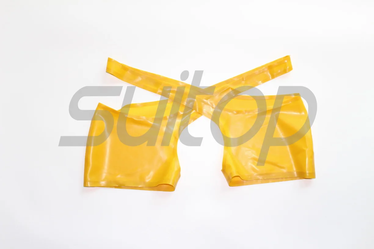 New Men's sexy latex shorts open cortch in trasparent yellow with lubes outside