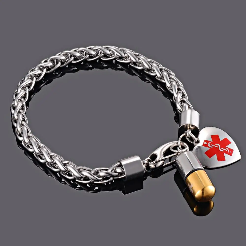 Waterproof Personalized Medical ID Alert  Men Stainless Steel ID Tags Bracelet Pill Cylinder Holder  TYPE 1 Diabetes Disease