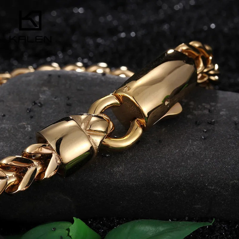 Kalen Dubai Gold Color Link Chain Bracelet For Men Stainless Steel Jewelry High Polished Hand Chain Accessories Birthday Gifts